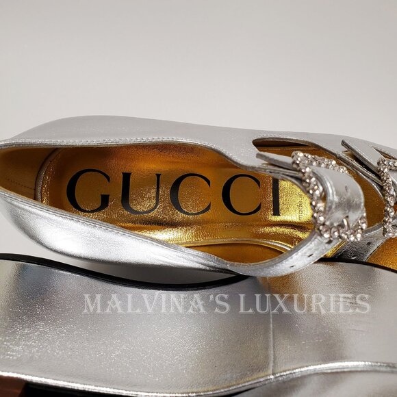 GUCCI SHOES SILVER LEATHER CUT OUT WEDGE PUMP CRYSTAL BUCKLES - Picture 10 of 13